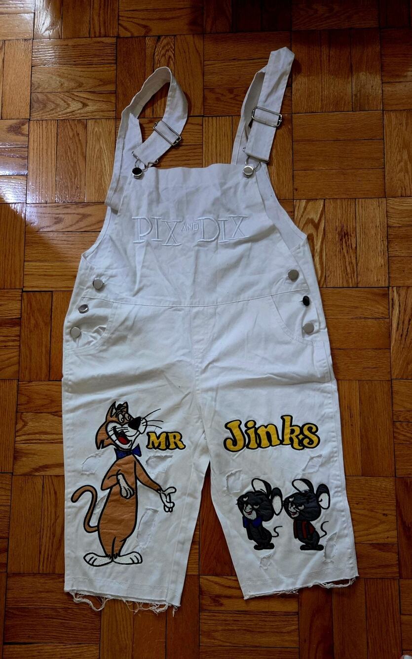 Pix & Dix Women White Denim Cartoon Wideleg Distressed Overalls Sz L